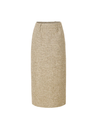 Model wearing the Sand Tweed Long Skirt, a straight tweed long skirt with back slit, hidden back zip and full polyester lining, styled for a formal fall-winter look – SINCETHEN. 