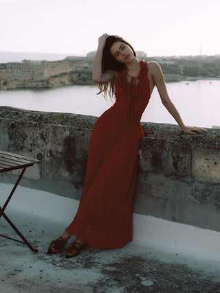 Vibrant red Sangria ruffle maxi dress for romantic vacation outfit