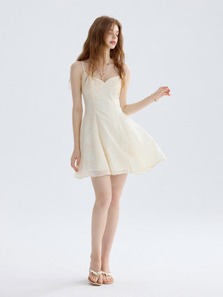 White mini dress with eyelet embroidery and puff sleeves, perfect for a lovely and feminine look