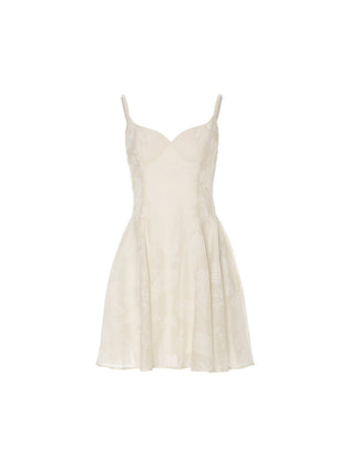 White mini dress with eyelet embroidery and puff sleeves, perfect for a lovely and feminine look