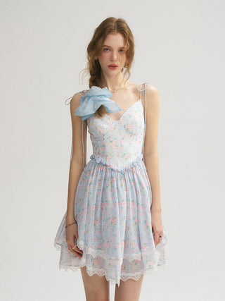 Model wearing the Serenade Lace Mini Dress with vintage-inspired lace, ribbon details, and a romantic feminine silhouette.