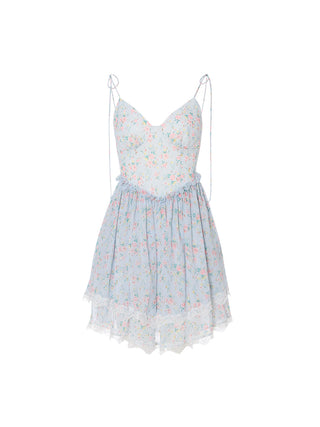 Model wearing the Serenade Lace Mini Dress with vintage-inspired lace, ribbon details, and a romantic feminine silhouette.