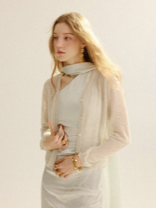 Sheer V neck Cardigan Lightgray