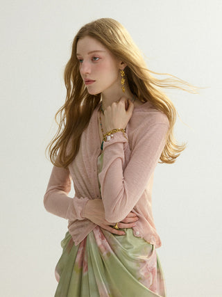 Sheer V neck Cardigan Lightpink