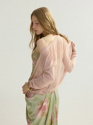Sheer V neck Cardigan Lightpink