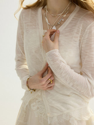 Sheer V neck Cardigan White