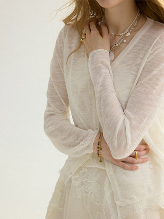 Sheer V neck Cardigan White