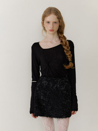 Sheer Wool Tencel Twist Top Black – long-sleeve asymmetric neckline tee with front twist (Wool 30%, Tencel 70%)