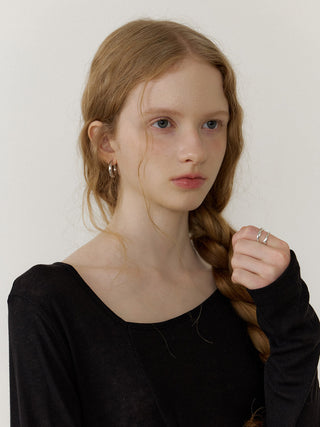 Sheer Wool Tencel Twist Top Black – long-sleeve asymmetric neckline tee with front twist (Wool 30%, Tencel 70%)