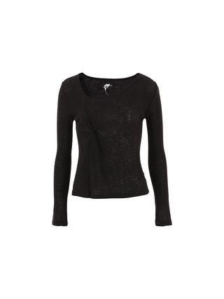 Sheer Wool Tencel Twist Top Black – long-sleeve asymmetric neckline tee with front twist (Wool 30%, Tencel 70%)