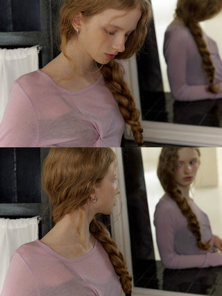 Sheer Wool Tencel Twist Top Lavender – long-sleeve asymmetric-neckline tee with front twist (Wool 30%, Tencel 70%)