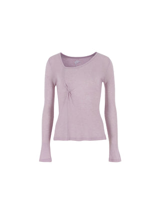 Sheer Wool Tencel Twist Top Lavender – long-sleeve asymmetric-neckline tee with front twist (Wool 30%, Tencel 70%)