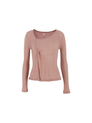 Sheer Wool Tencel Twist Top Pink – soft long-sleeve tee with asymmetric neckline and front twist (Wool 30%, Tencel 70%)