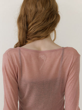 Sheer Wool Tencel Twist Top Pink – soft long-sleeve tee with asymmetric neckline and front twist (Wool 30%, Tencel 70%)