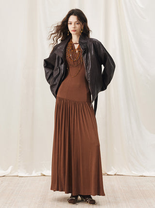 Solenne Belted Leather Jacket Brown