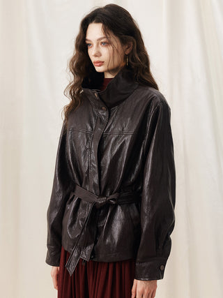 Solenne Belted Leather Jacket Brown