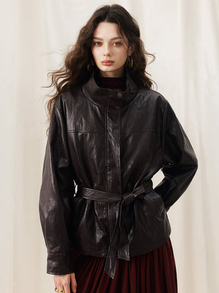 Solenne Belted Leather Jacket Brown