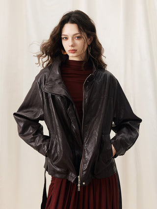 Solenne Belted Leather Jacket Brown