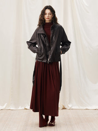 Solenne Belted Leather Jacket Brown
