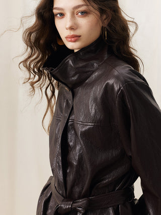 Solenne Belted Leather Jacket Brown