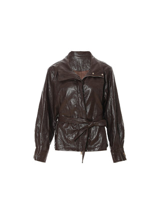 Solenne Belted Leather Jacket Brown