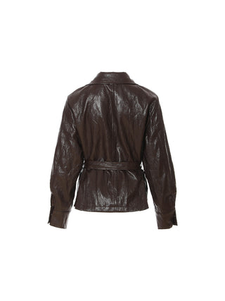Solenne Belted Leather Jacket Brown