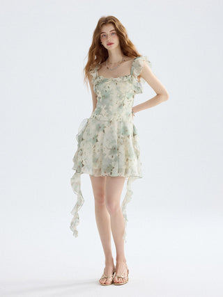 Pastel ruffle mini dress with fitted bodice and flared skirt, perfect for a romantic summer look