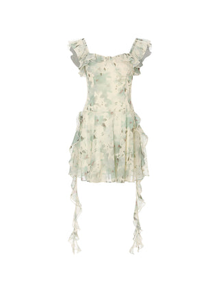 Pastel ruffle mini dress with fitted bodice and flared skirt, perfect for a romantic summer look