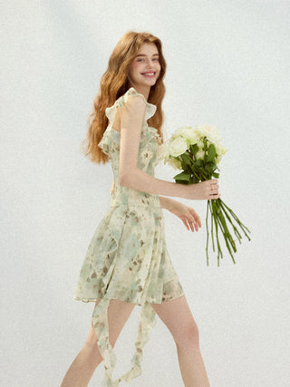 Pastel ruffle mini dress with fitted bodice and flared skirt, perfect for a romantic summer look