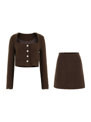 Square Neck Bouclé Set – square-neck bouclé jacket with padded shoulders and button front, matching mini skirt with side slits and hidden back zip