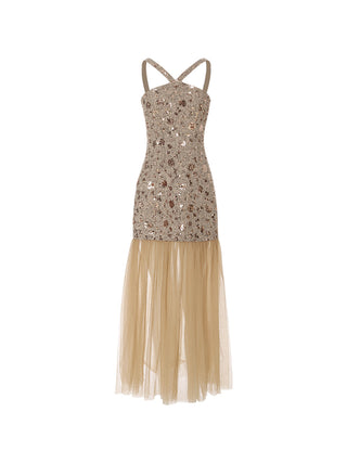 SINCETHEN Stardust Tulle Dress, V-neck sleeveless long dress, front view