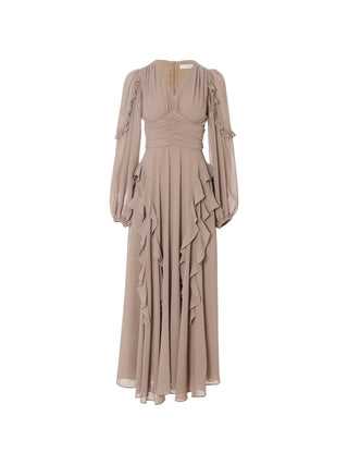 Model wearing the Truffle Ruffle Long Dress, a V-neck long dress with ruffle trim, ruched waist and long sleeves with elastic cuffs, styled for a romantic fall-winter look – SINCETHEN. 