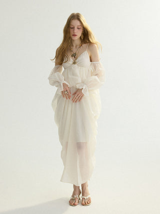 Front view of the SINCETHEN Viella Drape Maxi Dress, highlighting the unique draped silhouette and elegant fit.