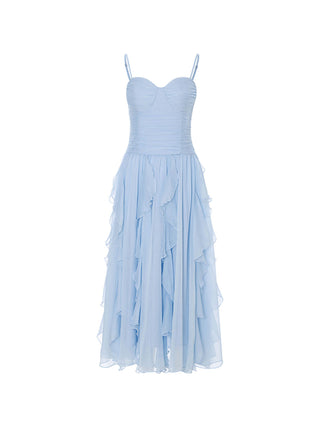 Woman wearing the Windy ruffle long dress – feminine, airy, and perfect for a vacation-ready look.