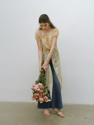 Yellow Paisley Sheer Layered Dress Set with romantic floral embroidery