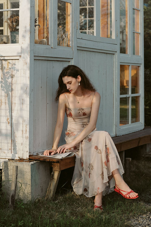 Serene Sandstone Sleeveless Ruffle Long Dress