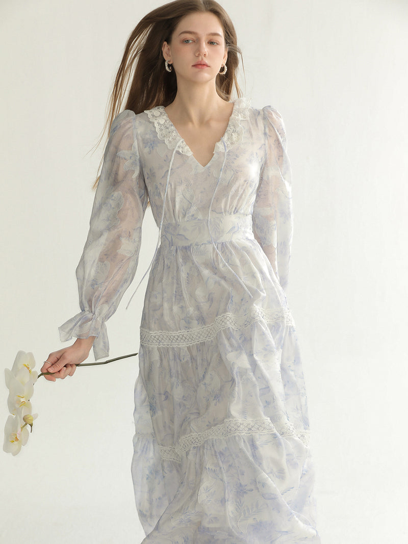 Pastel lace embroidery long dress