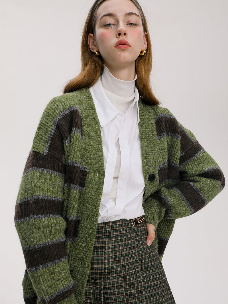 Color Stripe Knit Cardigan (Green)